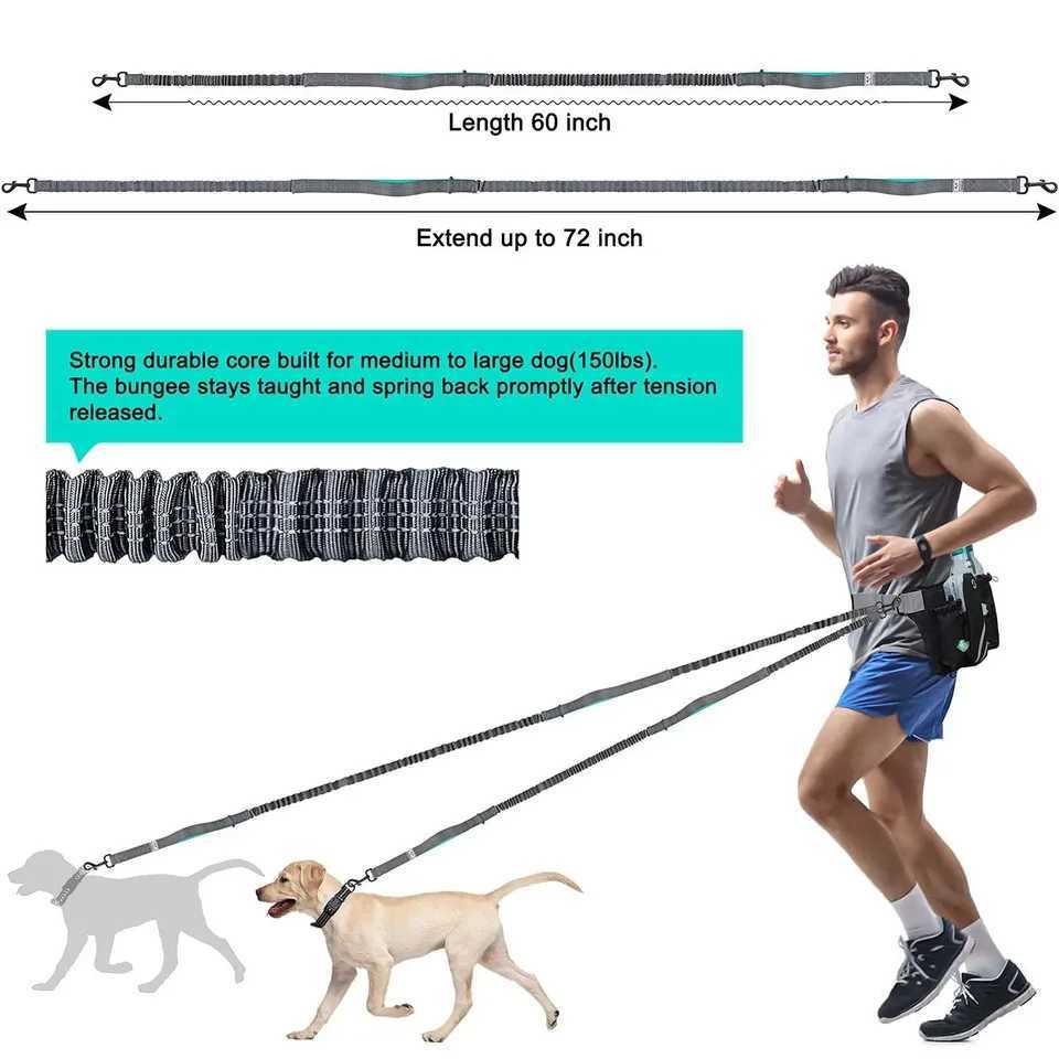 Retractable Hands Free Dog Leash with Adjustable Waist Belt for 2 Dogs Reflective Stitching Leash for Running Walking HikingXJ250218
