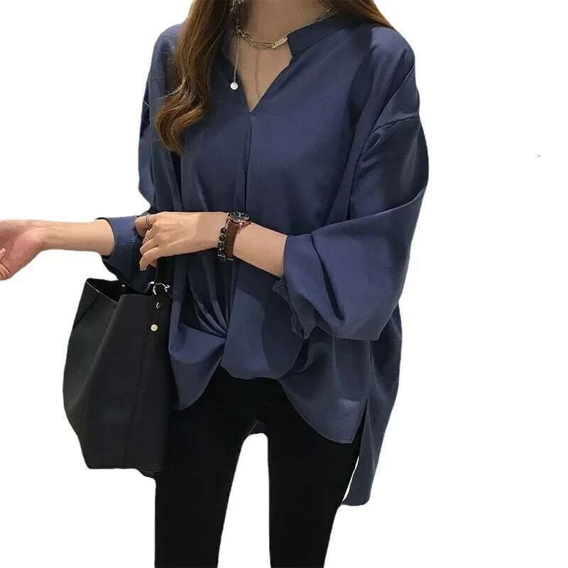 Spring Autumn 2024 New Simple Elegant Chiffon Plus Sizes Shirt Long Sleeve Loose-Fit BF Base Layer Top Women's