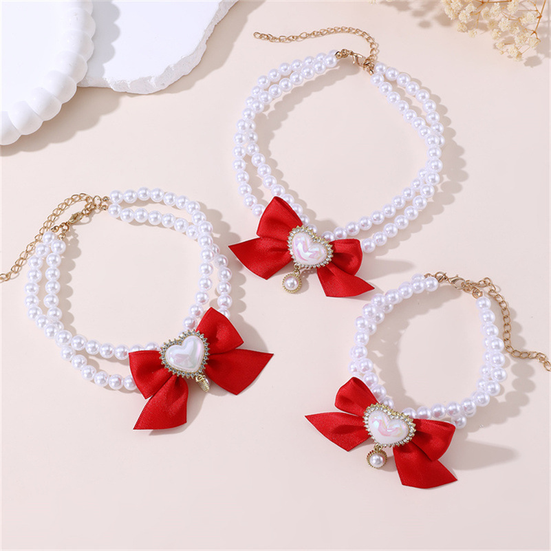 Chic Red Pearl Collar for Dogs and Cats - Double Layered Necklace with Rhinestone Bow Charms