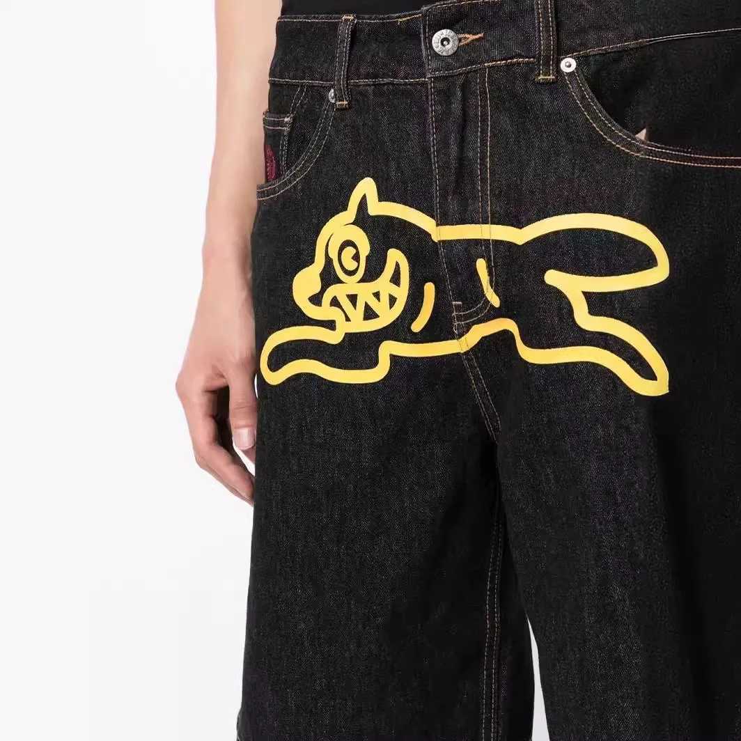 American fashion flying dog print straight leg denim shorts for men high street casual fashion wide leg five quarter pants W250219