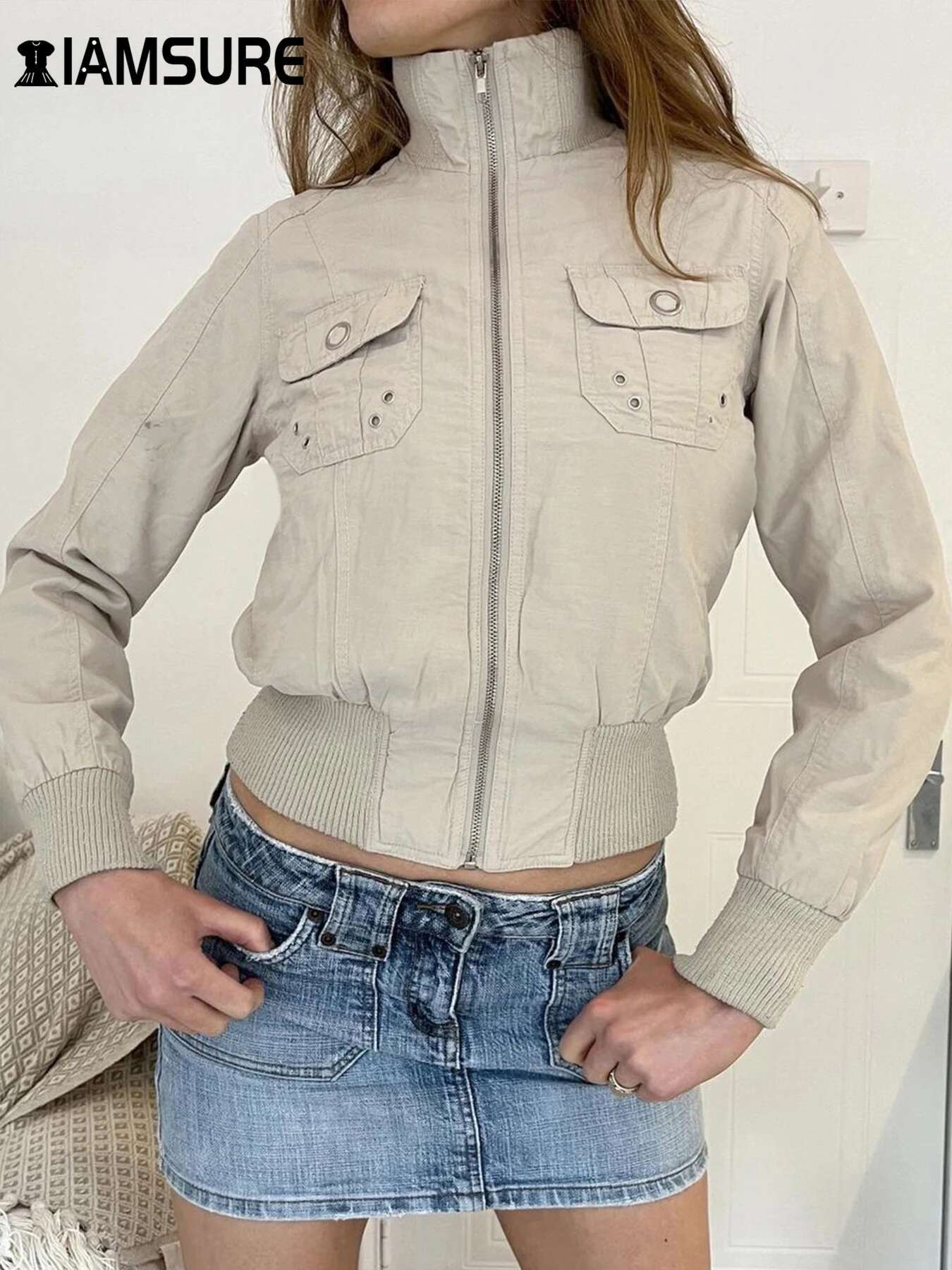 IAMSURE Safari Style Big Pockets Jackets Casual Solid Turtleneck Long Sleeve Zipper Coats Women 2024 Autumn Winter Fashion Lady