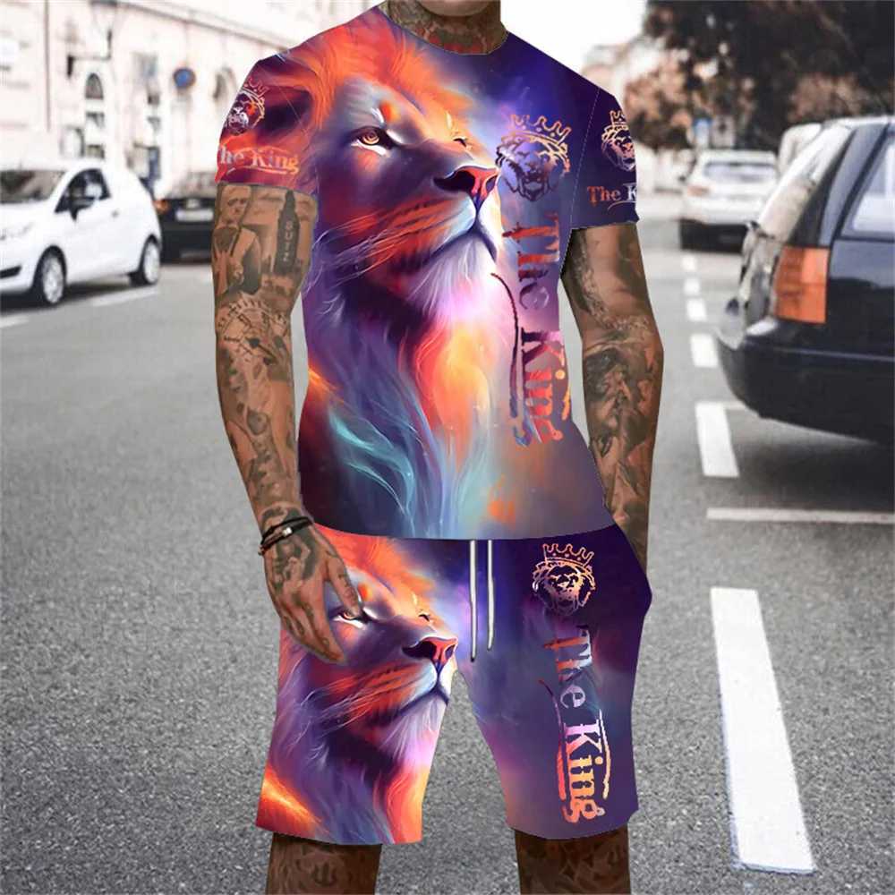 Lion King 3D Printed Mens T-shirt Set 2024 Summer O-collar Short-sleeved T-shirt Top 3D Style Mens Casual Outdoor Fashion SetXJ250218