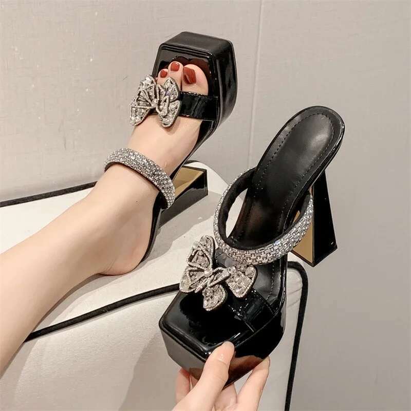 Summer Fashion Butterfly-knot Square Toe Women Slippers Sexy Ultra High Heels Shoes Platform Party Ladies Sandals