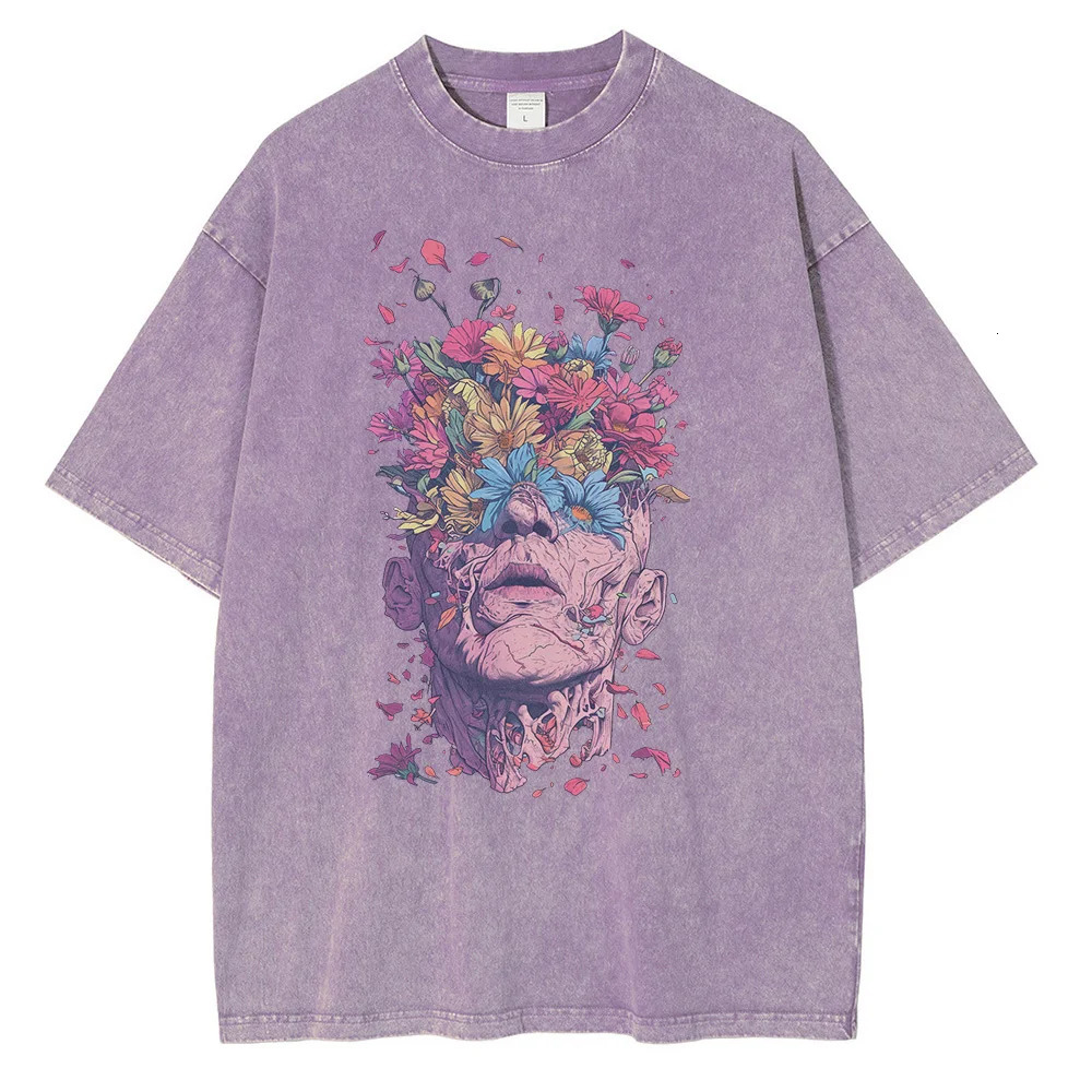 Heavyweight Pure Cotton T Shirts Flowers Emerging Out of Human Eyes and Heads Graphic T-shirts Vintage Van Gogh Style Mens Tops 250217