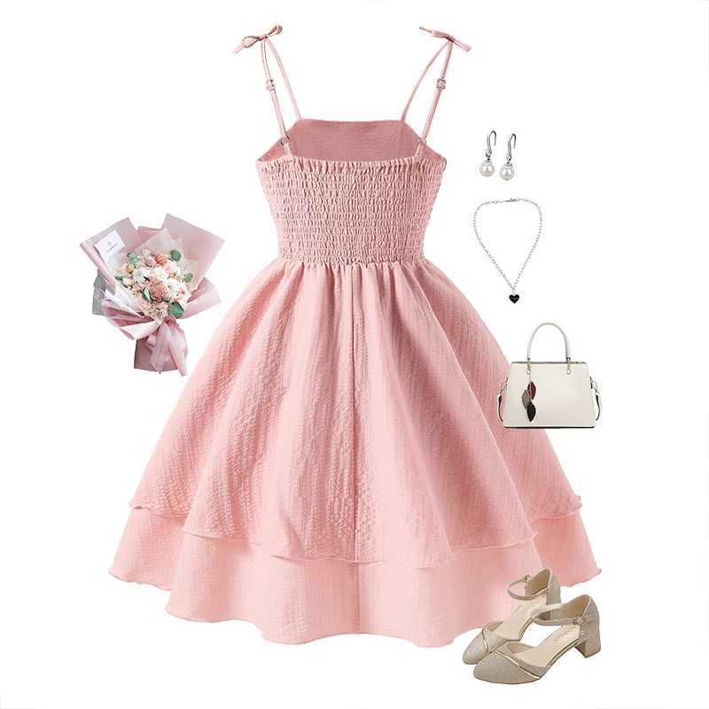Princess Dress Sweet Style Solid Pink Tiered Sling Dress 8-12 Years Tween Girls Dress Birthday Party Pageant Communion DressT250219
