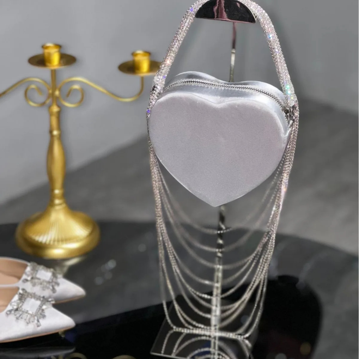 Tassel Heartshaped Silk Rhinestone Handbag Women Pink Love Shoulder Chain Crossbody Bag Fashion Evening 250218