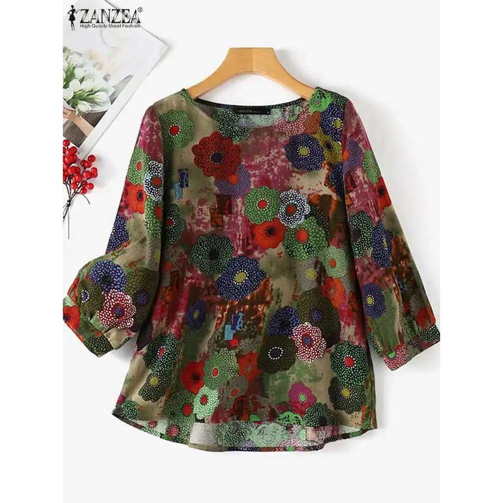 ZANZEA Women Long Sleeve Blouse 2024 Autumn Retro Ral Print Shirts Vintage Office Lady Cotton Chemise Holiday Round Neck Tops