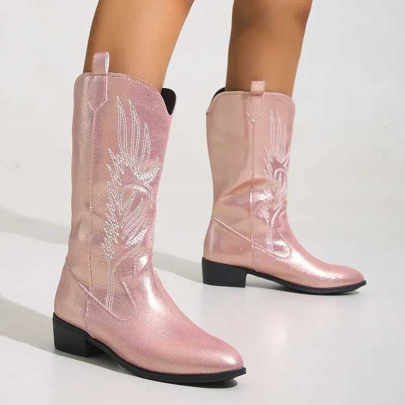 Pink Embroider Cowboy Boots for Women 2023 Autumn Winter Chunky Heels Mid Calf Western Knight Boots Woman Pointed Toe Tube Botas Z250704