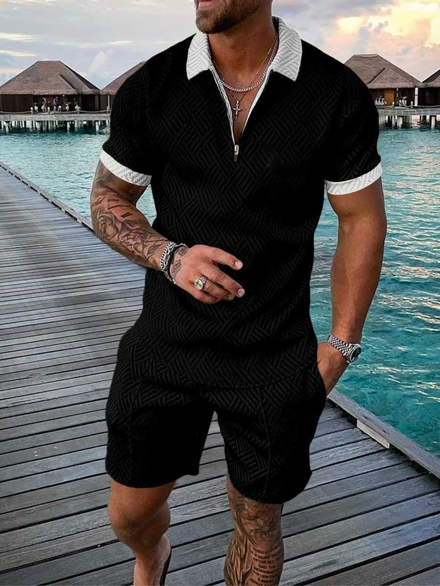 Summer Mens Sports Patchwork Pattern Short Sleeve Stylish Zipper Polo Shirt And Shorts Set Mens Casual Streetwear 2-pieXJ250218