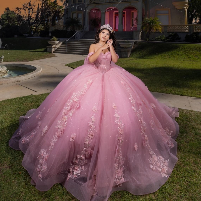Pink Shiny Quinceanera Dresses Ball Gown Off Shoulder Appliques Lace Flower Beading Crystal Tull Sweet 16 Dress Vestidos 15 de anos