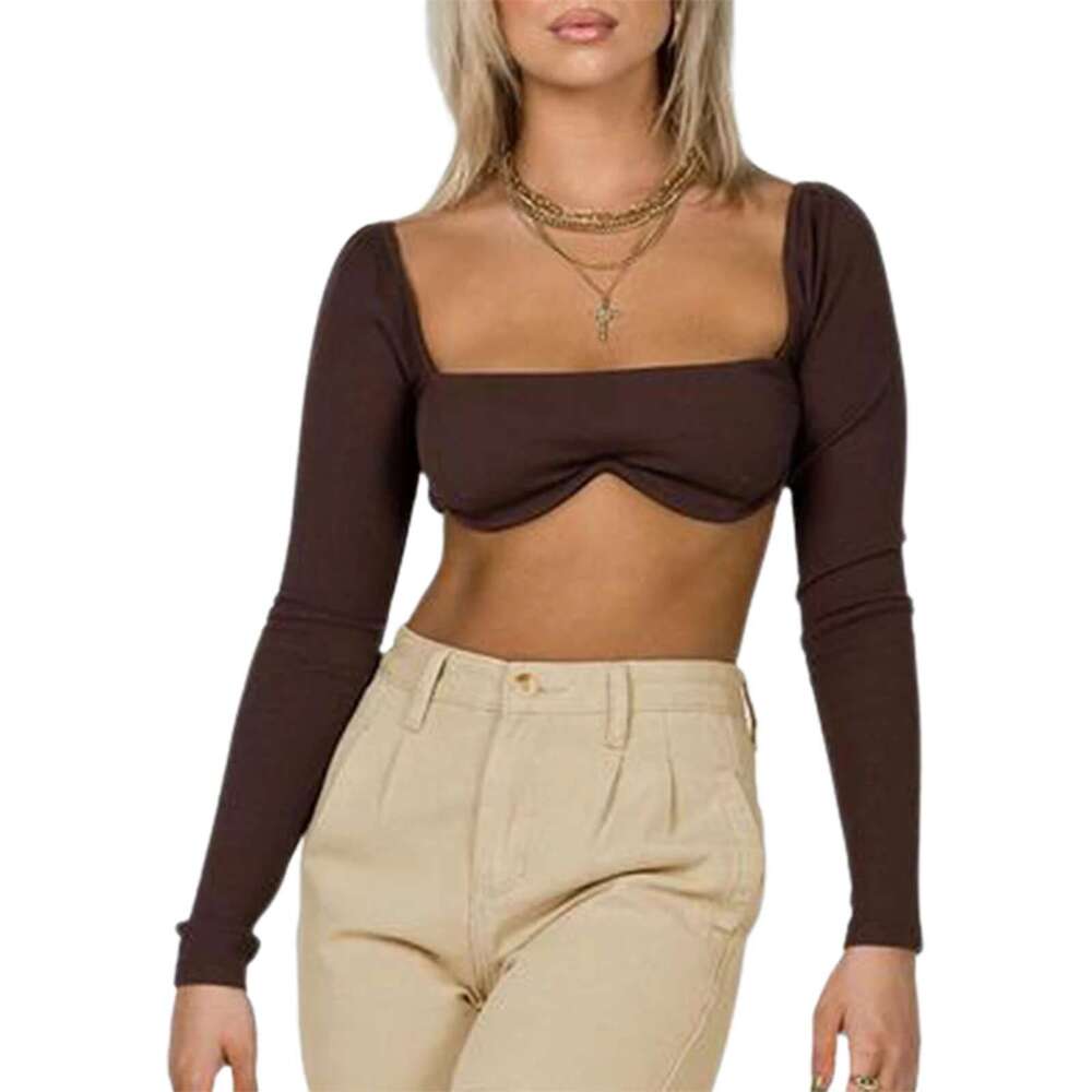 Women's Long Sleeve Bustier Crop Sexy Ribbed Knit Low-Cut Corset Tube Top Vintage Slim Cutout Pullover Blouse Y2k Streetwear