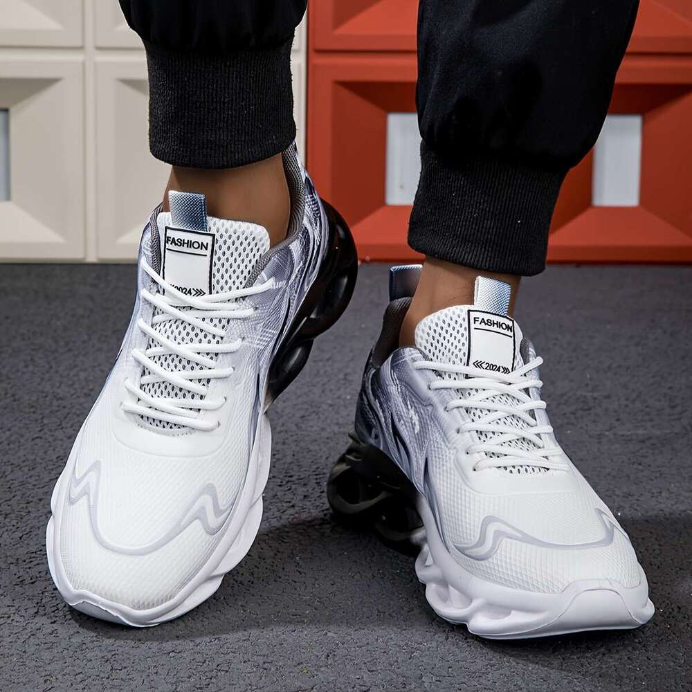 Men's breathable mesh sports sho es - black white gradient, height increasing thick sole, suitable for running and casual wear, aut umn student s