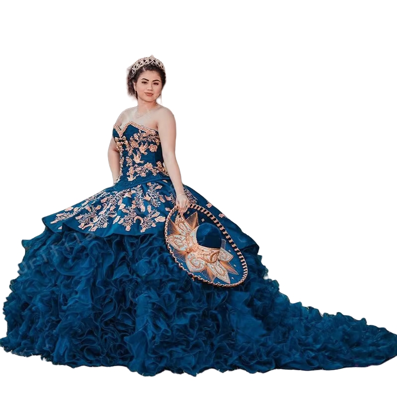 Navy Blue Princess Quinceanera Dresses Embroidery Beaded Ball Gown Sweet 16 Dress Ruffles Tiered Luxurious Birthday Party Gowns