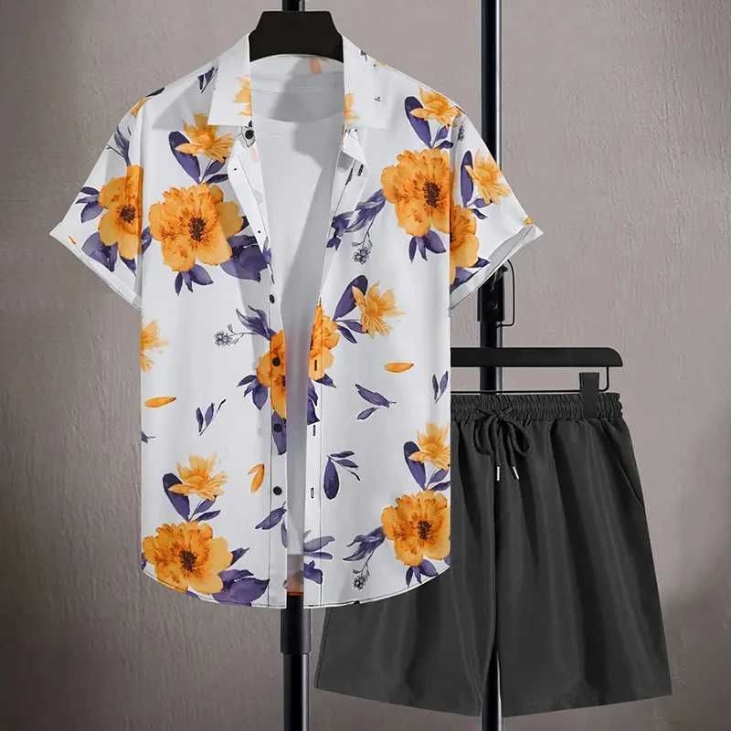 Fashion Flower Plant Print Mens Shirt Short Sleeve Shorts 2 Piece Summer Beach Casual Loose Shorts Tops Hawaiian Style Men SetsXJ250218