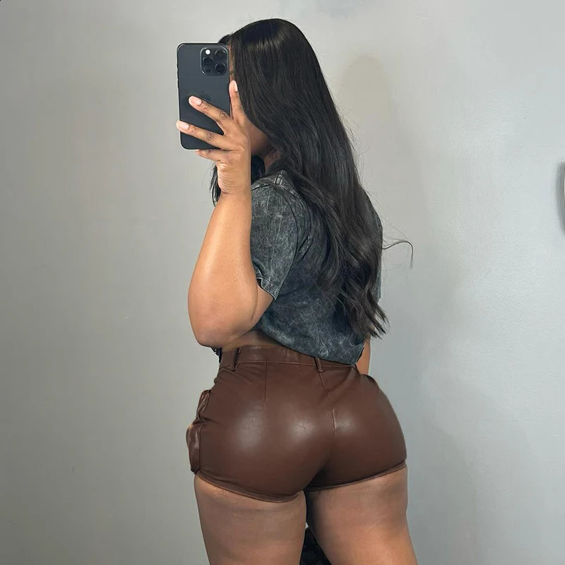 CUTENOVA Autumn Pu Leather High Waist Shorts Zipper Tight Sexy Pants Large Pocket Ultra Short Cargo Wear 250213