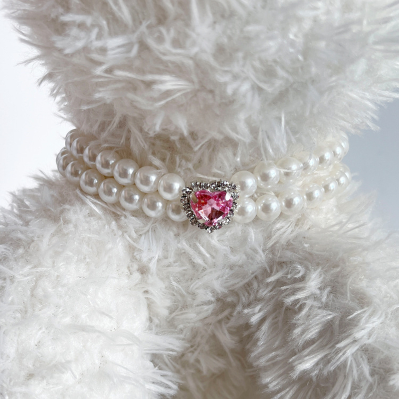 Luxury Double Row Pearl Dog Necklace with Big Pink Heart-Shaped Rhinestones Decorative, Pet Neck Decoration for Small Medium Dogs, Adjustable Pet Neck