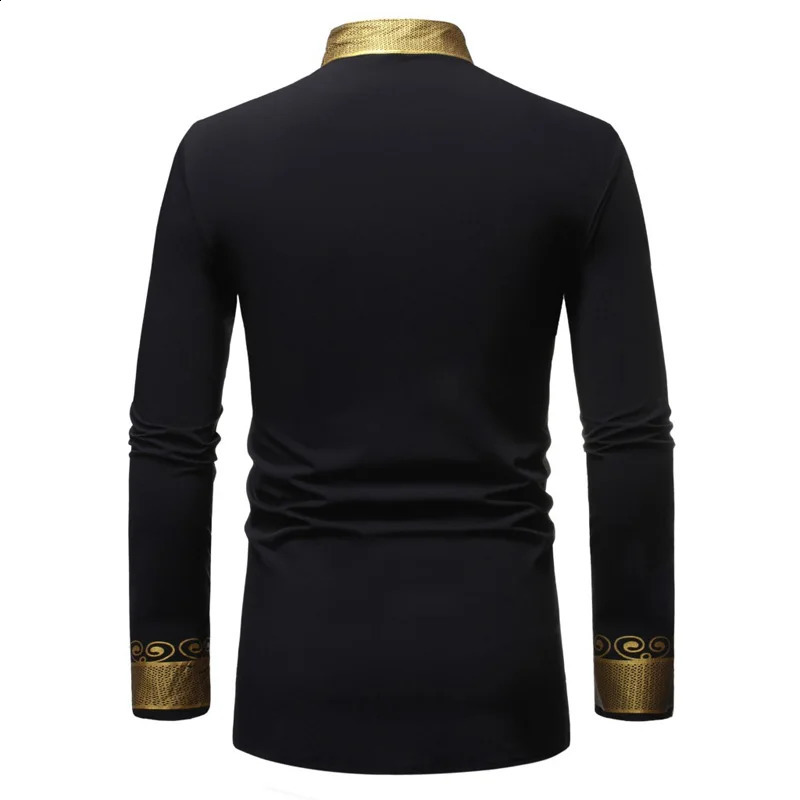 White Wenhua collar mens fashion long sleeved African stone printed dress mens casual shirt African clothing 250214