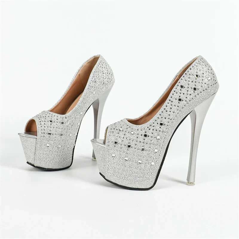 Street Style Sequined Cloth Platform Women Pumps Elegant Peep Toe Mule Shoes Sexy Stiletto High Heels Nightclub Sandals
