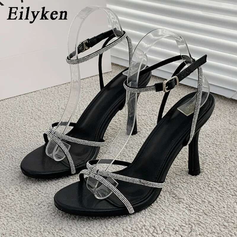 Fashion Design CRYSTAL Buckles High Heels Sandals Females Peep Toe Clip-On Strappy Ankle Strap Pole Dancing Women shoes