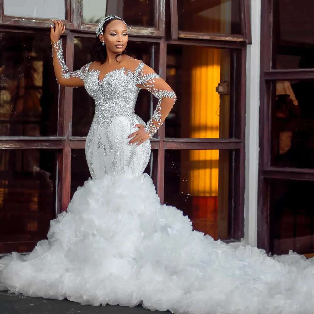 Customized Spark Crystals Rhies Garden Mermaid Wedding Dress African Long Sleeves Multi-Layered Ruffles Bridal Gowns