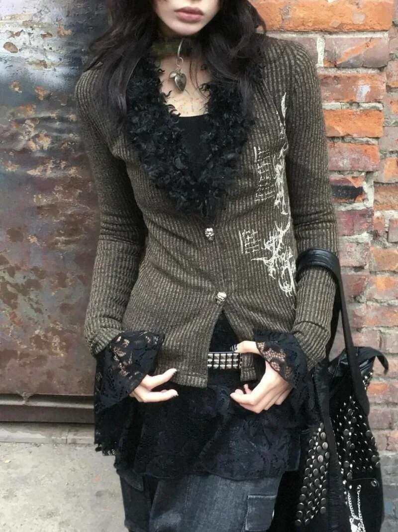 Vintage Punk Y2k Aesthetic Faux Far V Neck Button Cardigan Autumn American Haruku Print Office Lady Clothes Subcultural Shirts