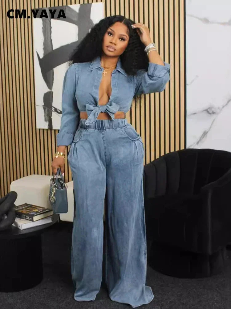 CM.YAYA Womens Set Tie Up Long Sleeve Shirt and Pocket Loose Wide Leg Pants Autumn Street Two 2 Piece Sets Outfits Tracksuit 250218