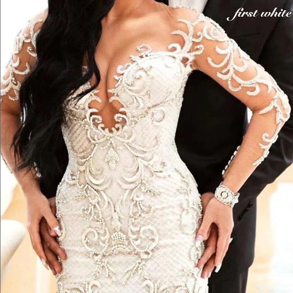 White Lace Mermaid Wedding Dress Long Sleeve Sweetheart Bridal Gowns Africa Women Customized Appliques Vestido de Novia