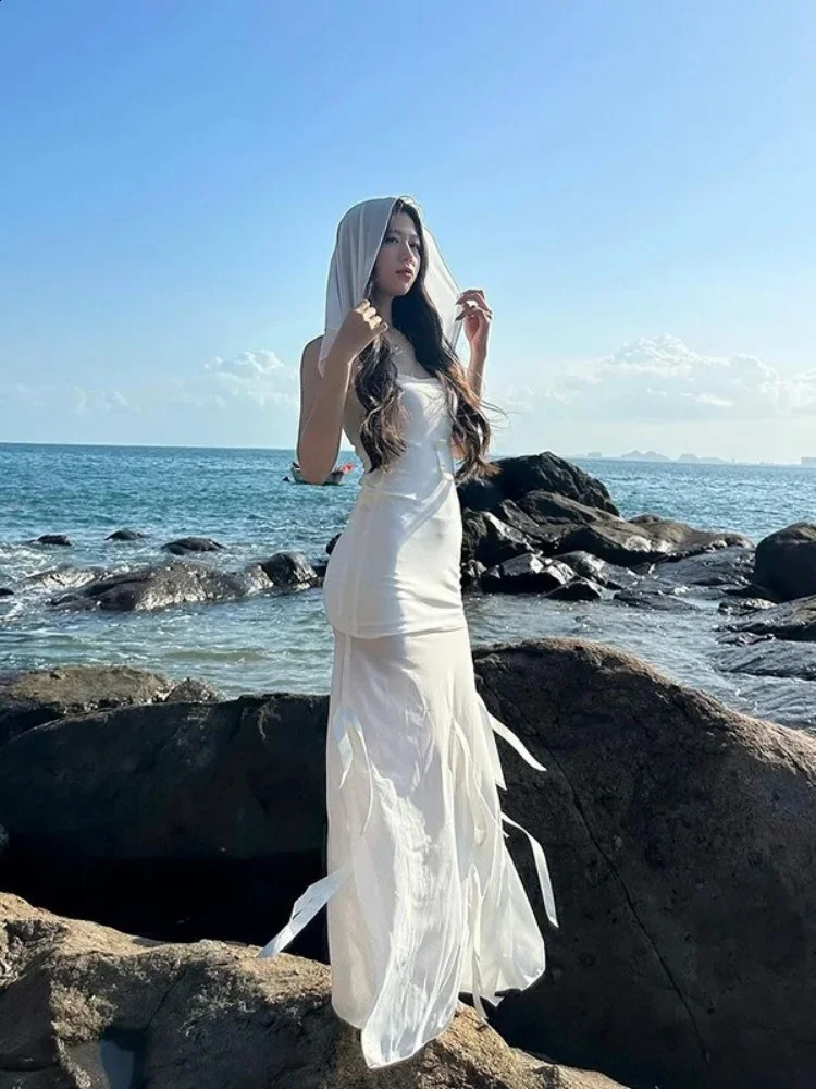 Hooded Long Dresses For Mesh Y2k Clothes Strapless Sleeveless One Piece Robe Fringe 250218