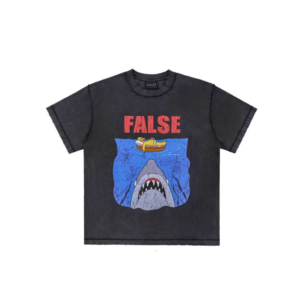 Vintage high street niche trendy brand cartoon Simpson shark wash water crack print summer short sleeved T-shirt for men
