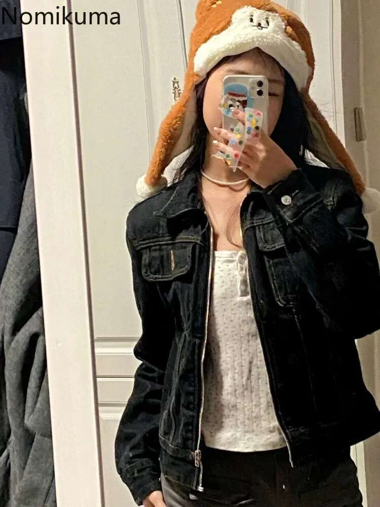 2024 Women Clothing Korean Jean Jackets Vintage Turndown Collar Streetwear Tunic Coats Crop Tops Casual Chic Zipper Y2k Jacket