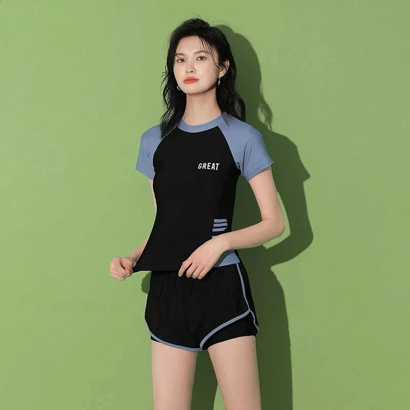Fashion Womens Swimming Suit Ladies Patchwork Short Sleeve Swimwear 2023 Sports Pool Beachwear Two Piece Swimsuit With Shorts 250217