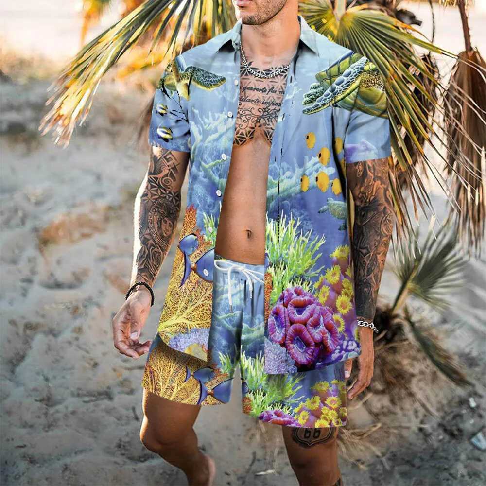 Beach printed Hawaii Set Mens 2Pcs Shirt 3D Print Loose Leisure short sleeve Beach Shorts Shirt Holiday Fashion Two piece SetXJ250218