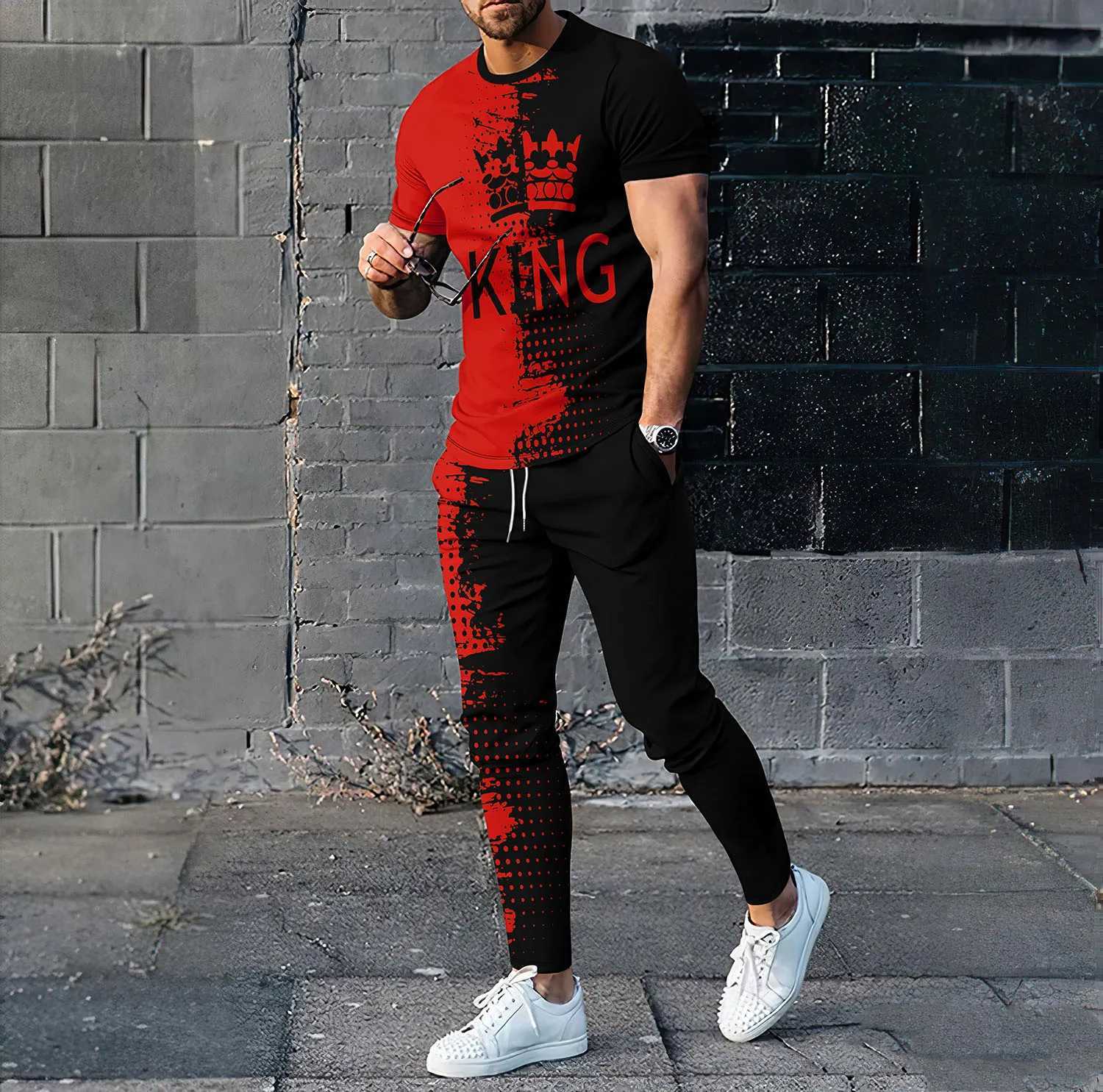 Summer Fashion King 3D Print Men Sportswear Set Casual Short-Sleeved T Shirt Pants 2-Piece Set Oversized Pullover Men ClothingXJ250218