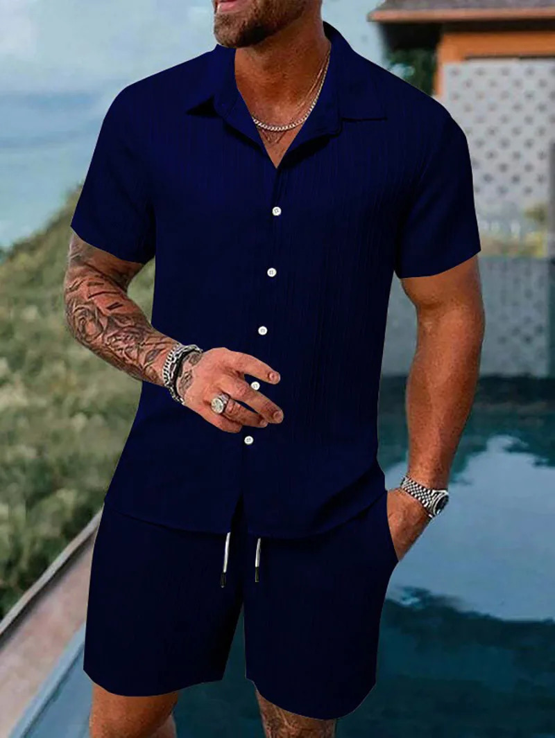 Spring And Summer Sports Mens Polo Casual Solid Color Loose Short-sleeved Drawstring Shorts Cardigan Striped Sports Suit 250219