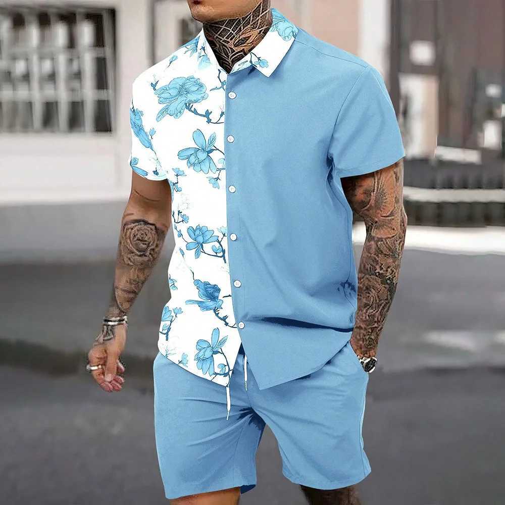 Mens 2 Piece Hawaiian Outfits Short Sleeve Button Down Shirts And Shorts Set Beach Tracksuits New Patchwork Colors Lapel ShirtXJ250218