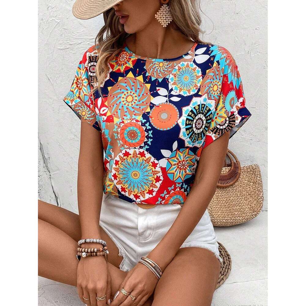 Elegant Fashionable Versatile Round Neck Printed Short Sleeved Shirt For European And American Women