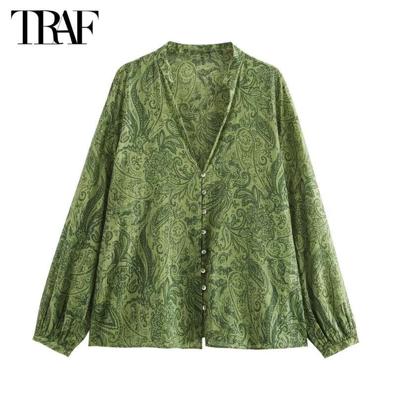 Metallic Print Shirts For Women Summer Casual Women's Boho Beach Blouse Female Long Sleeve Button Up Shirt Woman