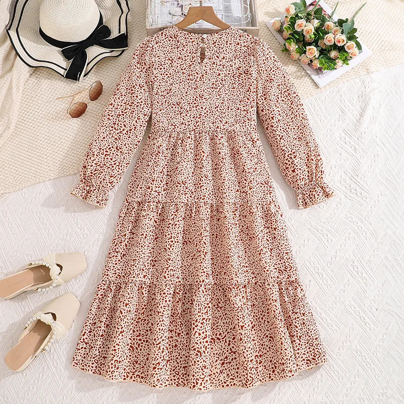 Kids Casual Dress for Girls Clothes Autumn Winter Children Fashion Print Long Sleeve High Waist A-line Dress 7-14Y 250219