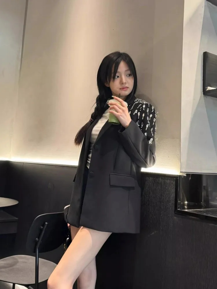 Autumn Women Diamonds Beading Loose Fit Mid Long Blazer Suit Coat Office Ladies Work Tops Boyfriend Style Party Jacket 250213