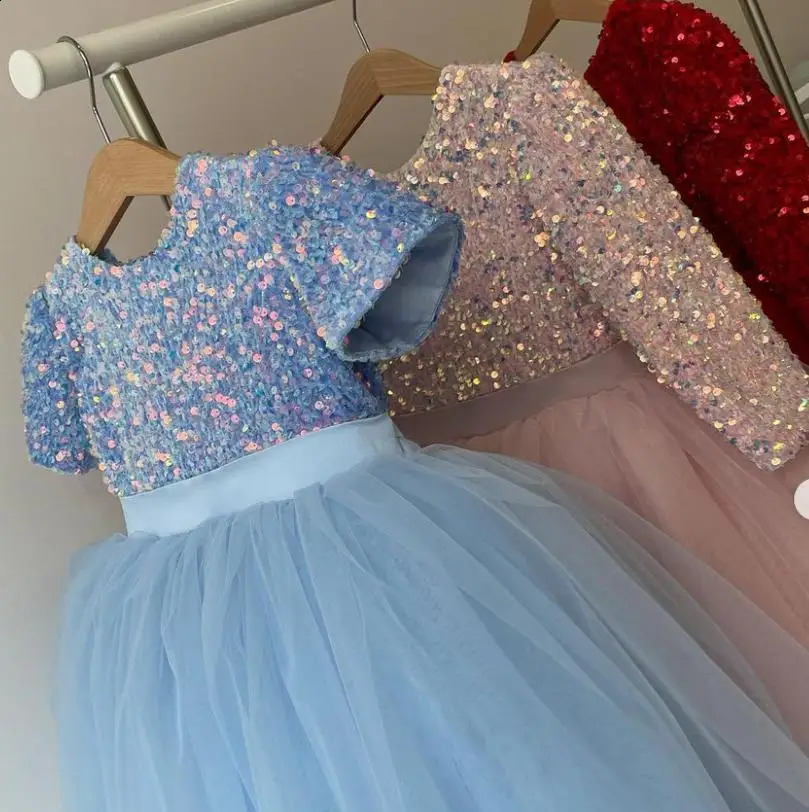 Kids Sequin Party Dress for Girls Formal Wedding Evening Ball Gown Elegant Children Birthday Princess Dress for Red Christmas 250218