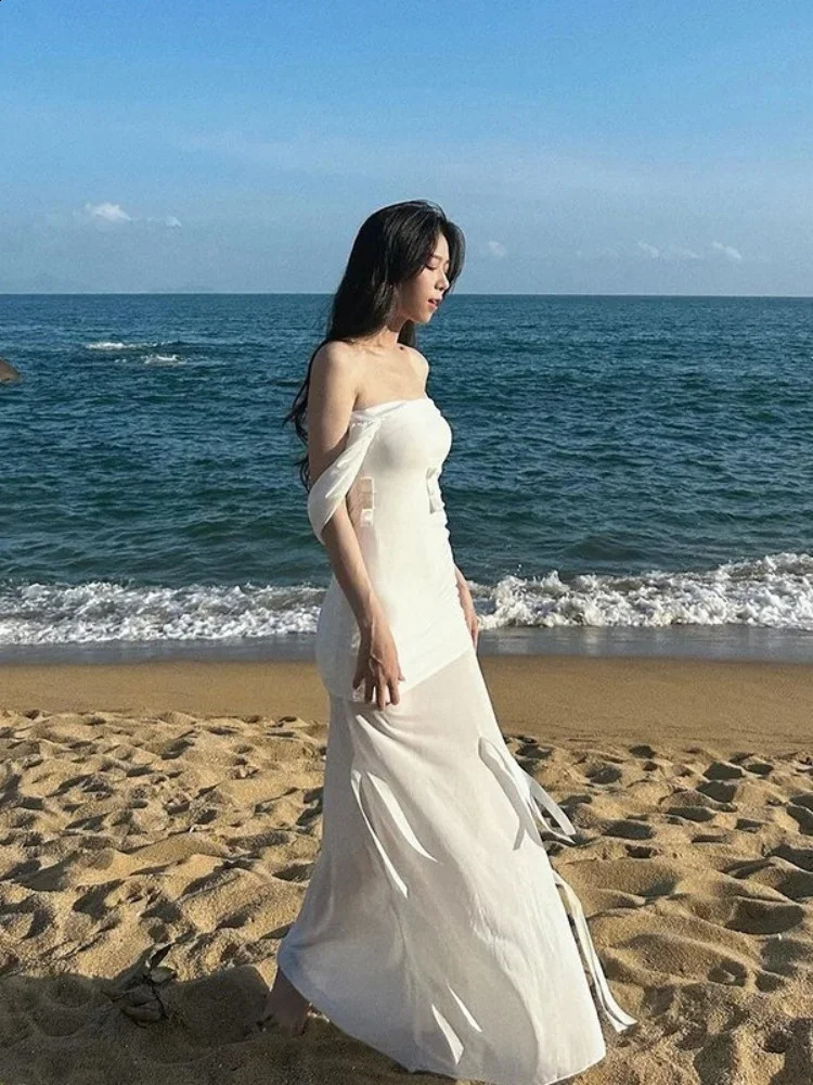 Hooded Long Dresses For Mesh Y2k Clothes Strapless Sleeveless One Piece Robe Fringe 250218