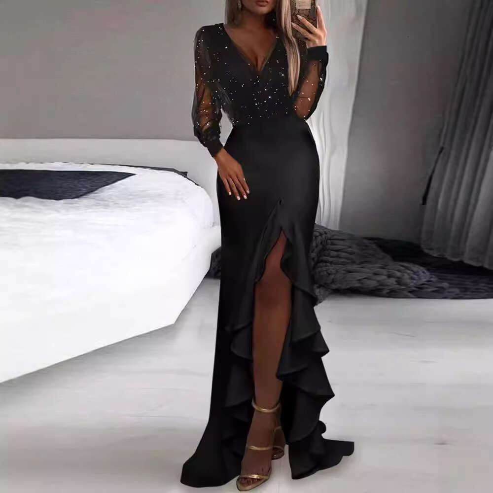 hip hing mid waist cinched black artistic mesh sequin commuting long skirt dress 2025 temperament versatile new trendy clothing ins