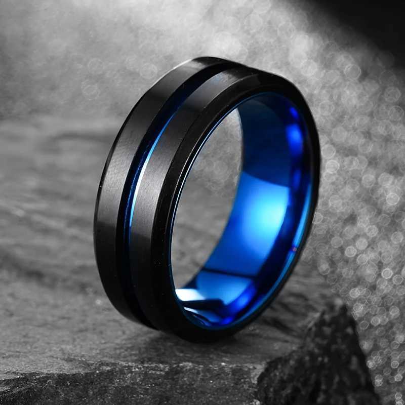 Fashion Mens Stainless Steel Rings 8mm Classical Black Blue Groove Beveled Edge Wedding Engagement Anniversary Jewelry GiftXJ250219