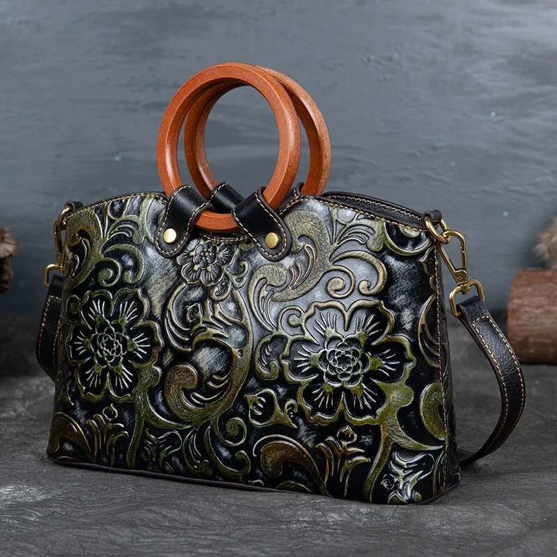 Small Women Shoulder Bag 2024 New Vintage Handmade Emed Handbag Female Genuine Leather Handbags Ladies Purse
