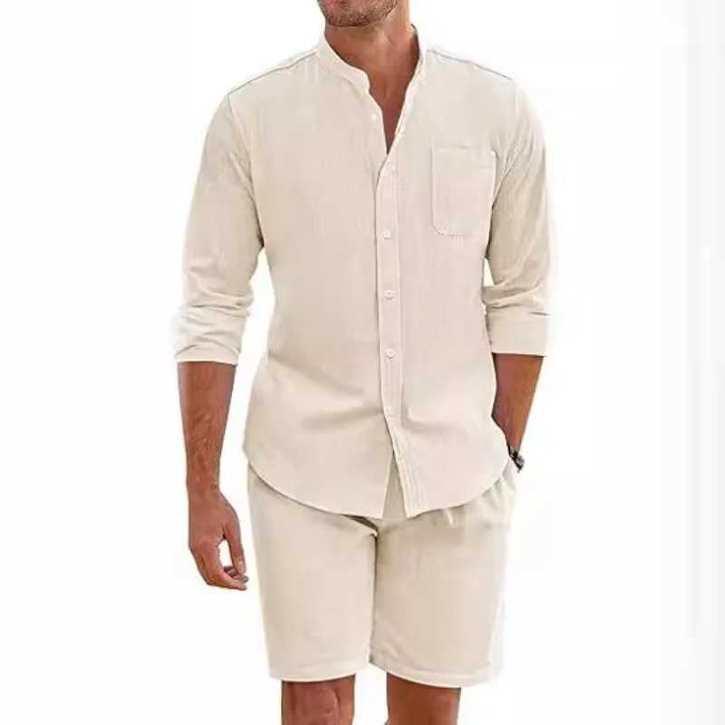 Mens Summer Two-piece Cotton and Linen Comfortable Buttoned Shirt Long Sleeved Shorts Cardigan Simple Casual Beach OutfitXJ250218