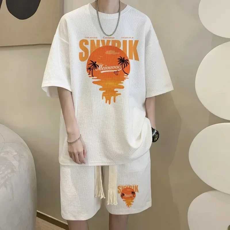 New summer waffle mens clothing Korean fashion short sleeved top 2-piece set sportswear trendy sportswear jogging setXJ250326