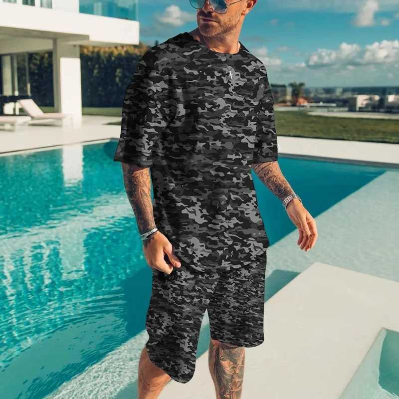 Mens T-shirt Sets 3D Print Camouflage Tracksuit T Shirts Shorts 2 Pieces New Streetwear Oversized Suits Sportswear Man ClothingXJ250218