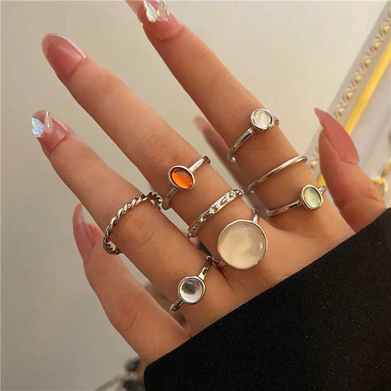 Vintage Colorful Crystal Stone Rings Set for Women Trendy Gold Silver Color Glazed Ring Set Geometric Resin Rings Party JewelryXJ250219