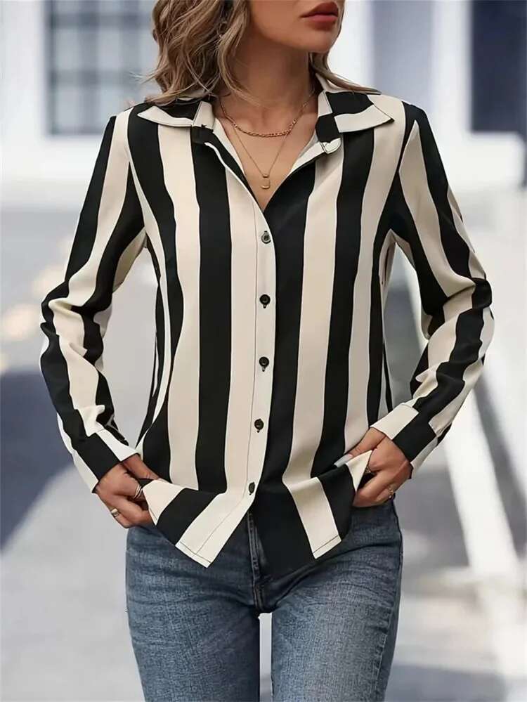 Women Spring Autumn Style Blouses Shirts Lady Casual Long Sleeve Turn-Down Collar Striped Printed Blouse Top