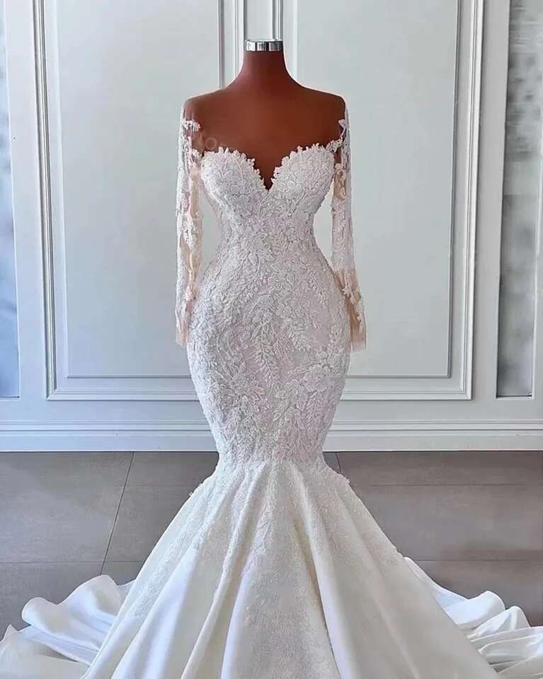 Custom Made Long Sleeves Dresses 2023 Mermaid Sweetheart Beads Lace Sheer Mesh African Woman Bridal Wedding Gowns